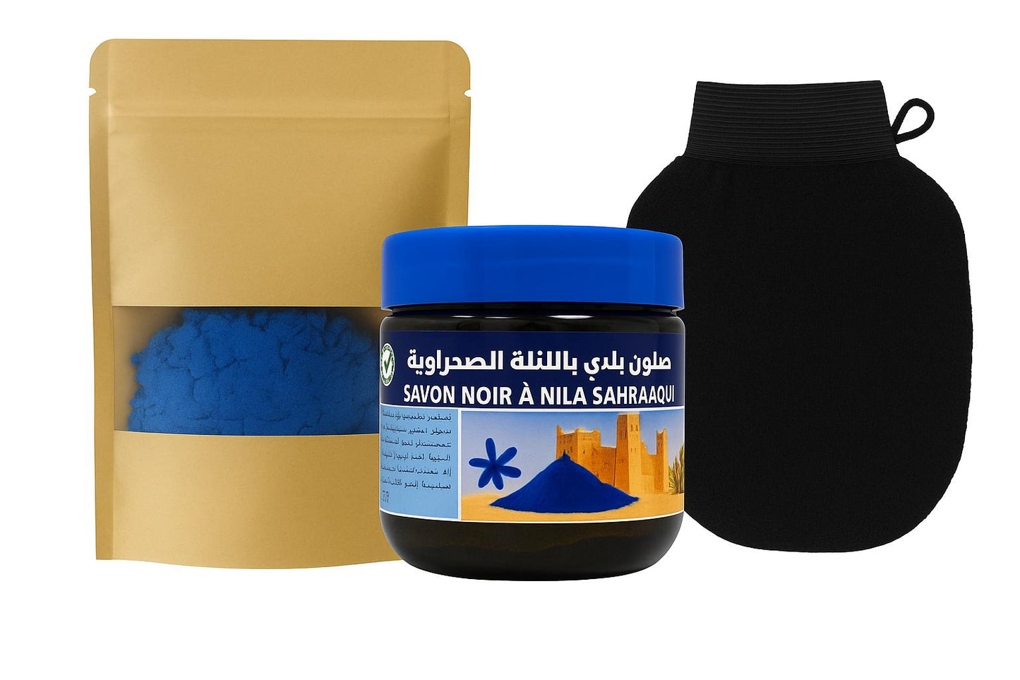 Pack Hammam Nila Bleu – Savon 200g + Poudre 100g + Gant Kessa