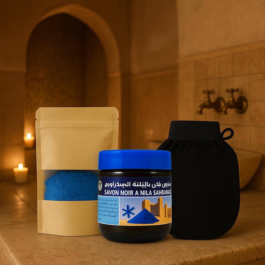 Pack Hammam Nila Bleu – Savon 200g + Poudre 100g + Gant Kessa
